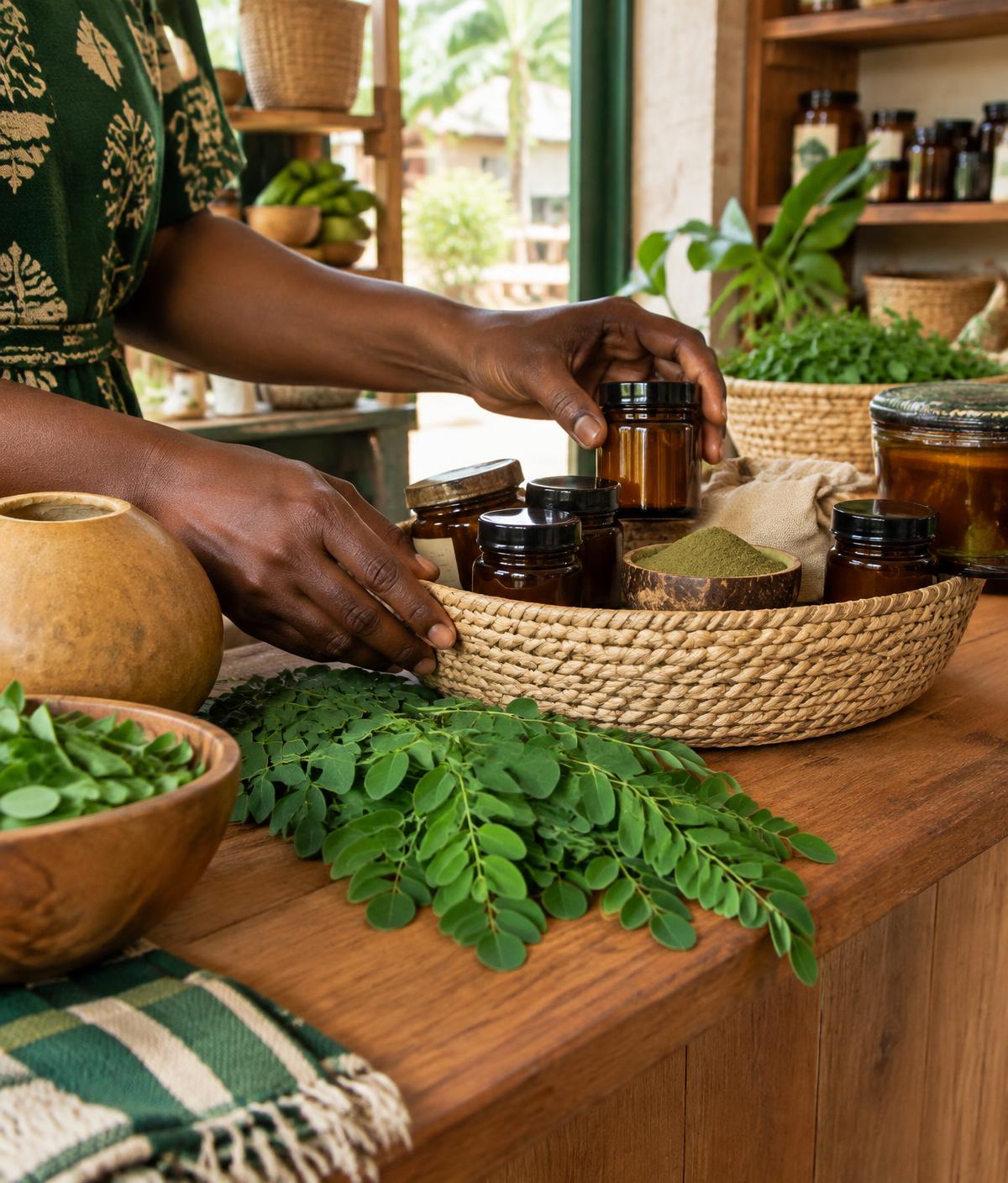 Hands arranging natural wellness products on a wooden counter