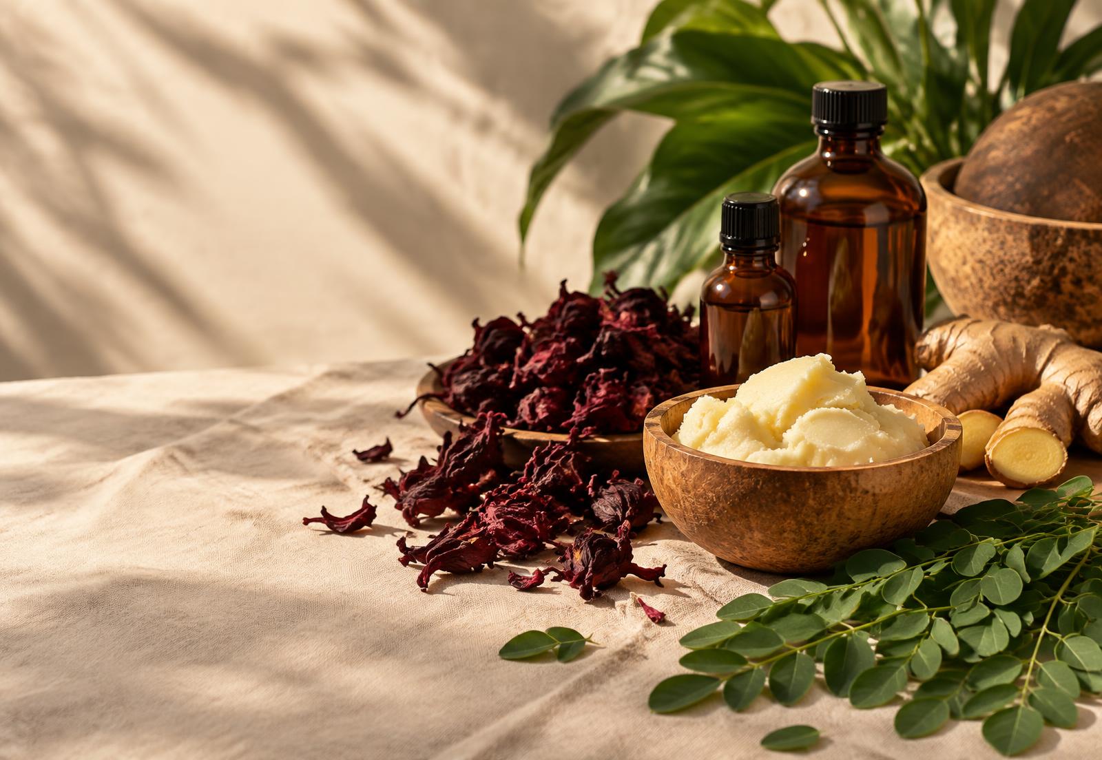 Natural wellness ingredients — hibiscus, shea butter, ginger and moringa — on cream linen